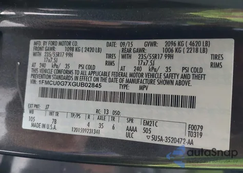 2016 Ford Escape Se from USA, damaged, VIN 1FMCU0G7XGUB02845